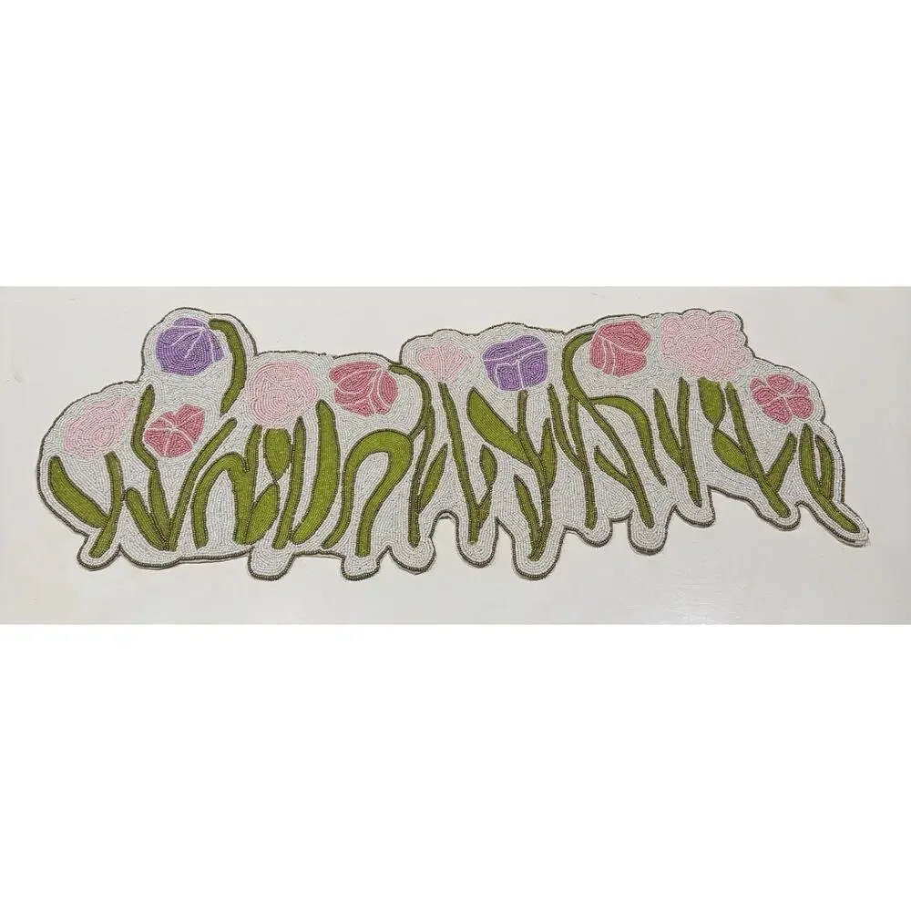 Glass Beaded Table Runner Floral Made In India 12”x 36”